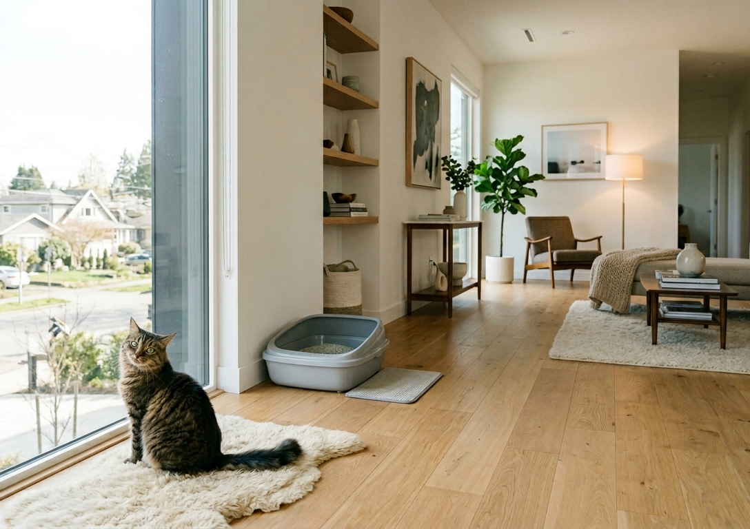 Cat standing near a clean litter box with a confused expression