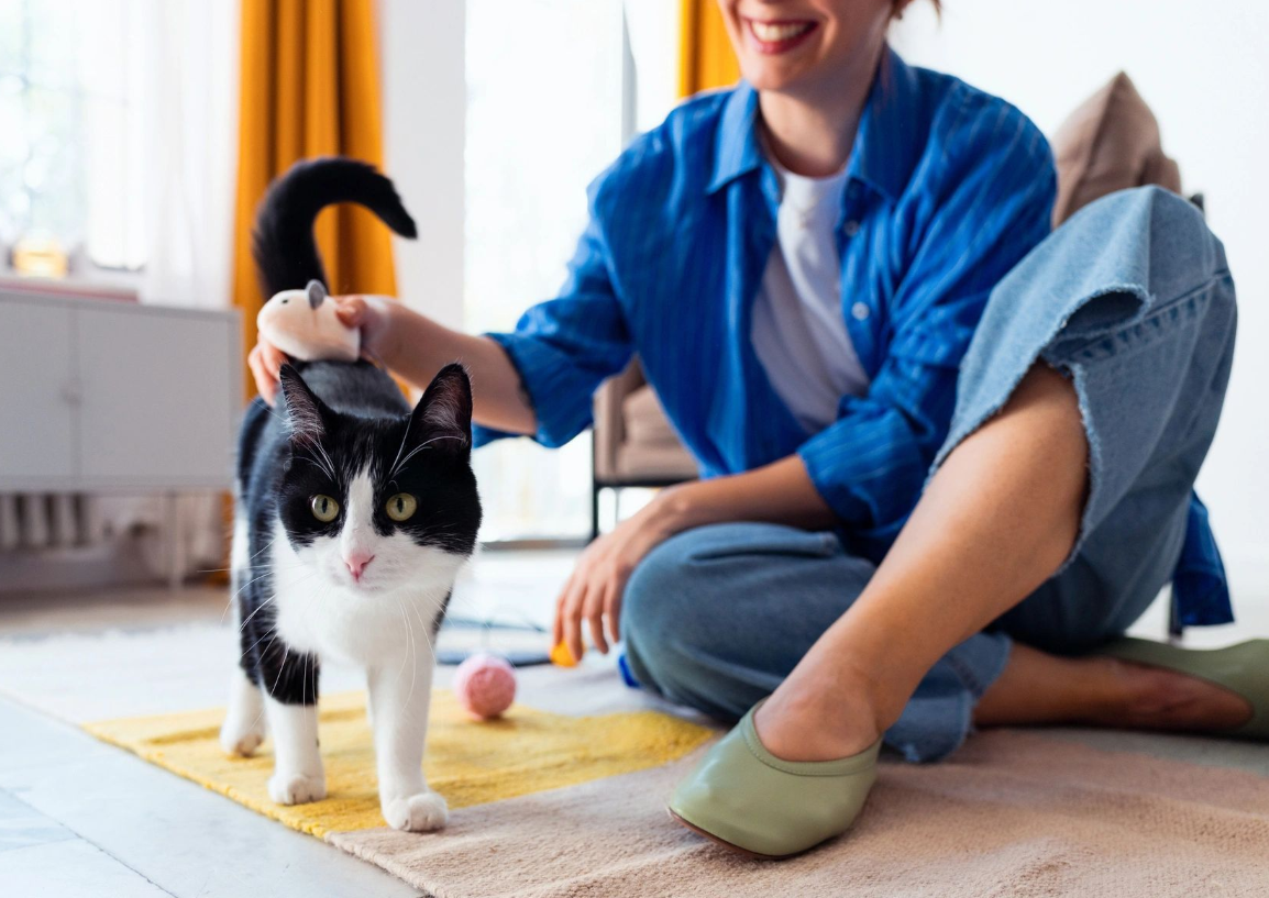 Smiling cat owner outdoors